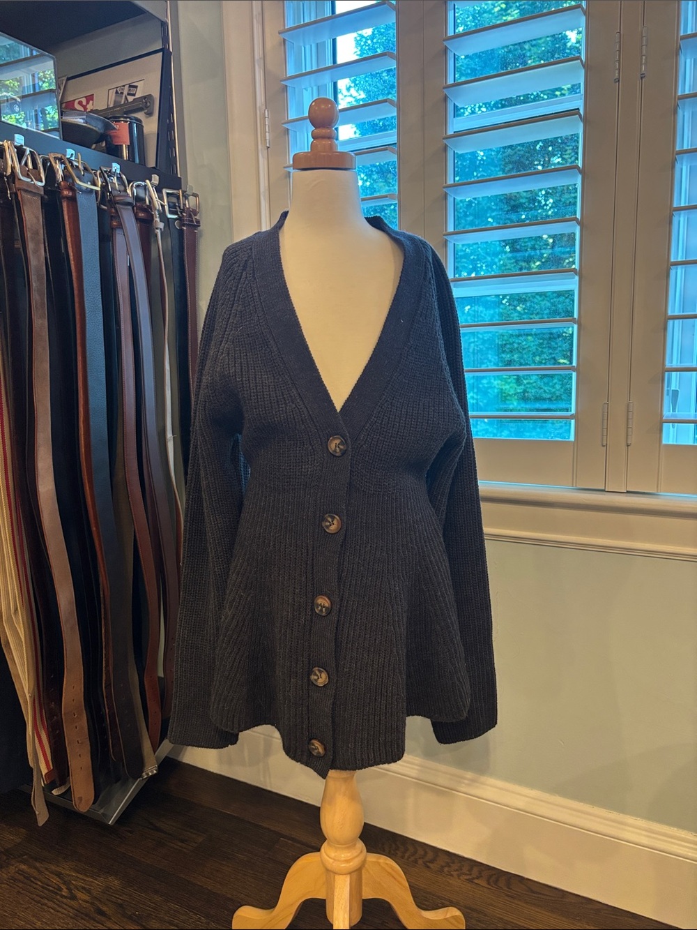 Zara Women's charcoal Rib-Knit V neck Cardigan Sweater with flared waist. Size M